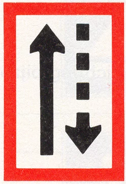 Verkeersbord B.3a voor de scheepvaart dat verplicht bakboordzijde houden aangeeft