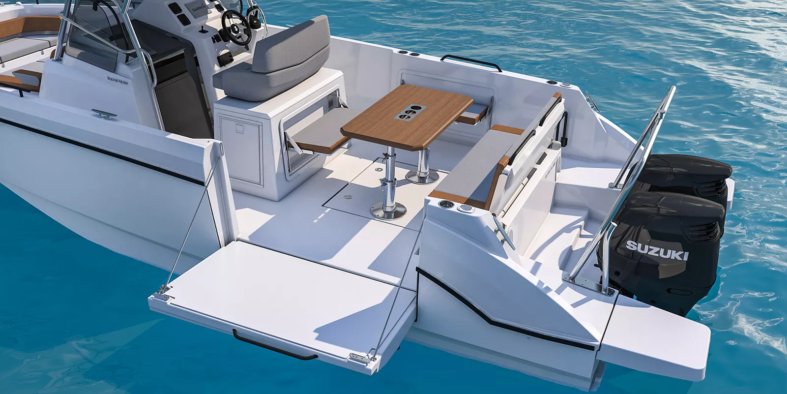 Vaartlander_BeneteauFlyer9SPACEdeck-12 Zithoek met tafel op open dek van Beneteau Flyer 9 SPACEdeck