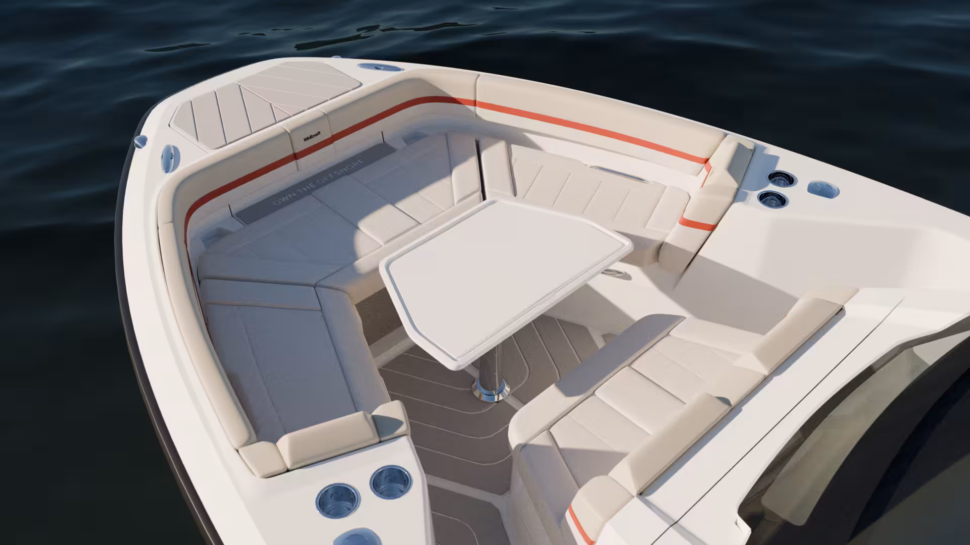 Vaartlander_Wellcraft28Explorer-25 Zitgedeelte in Wellcraft 28 Explorer met tafel en comfortabele rondzit aan dek