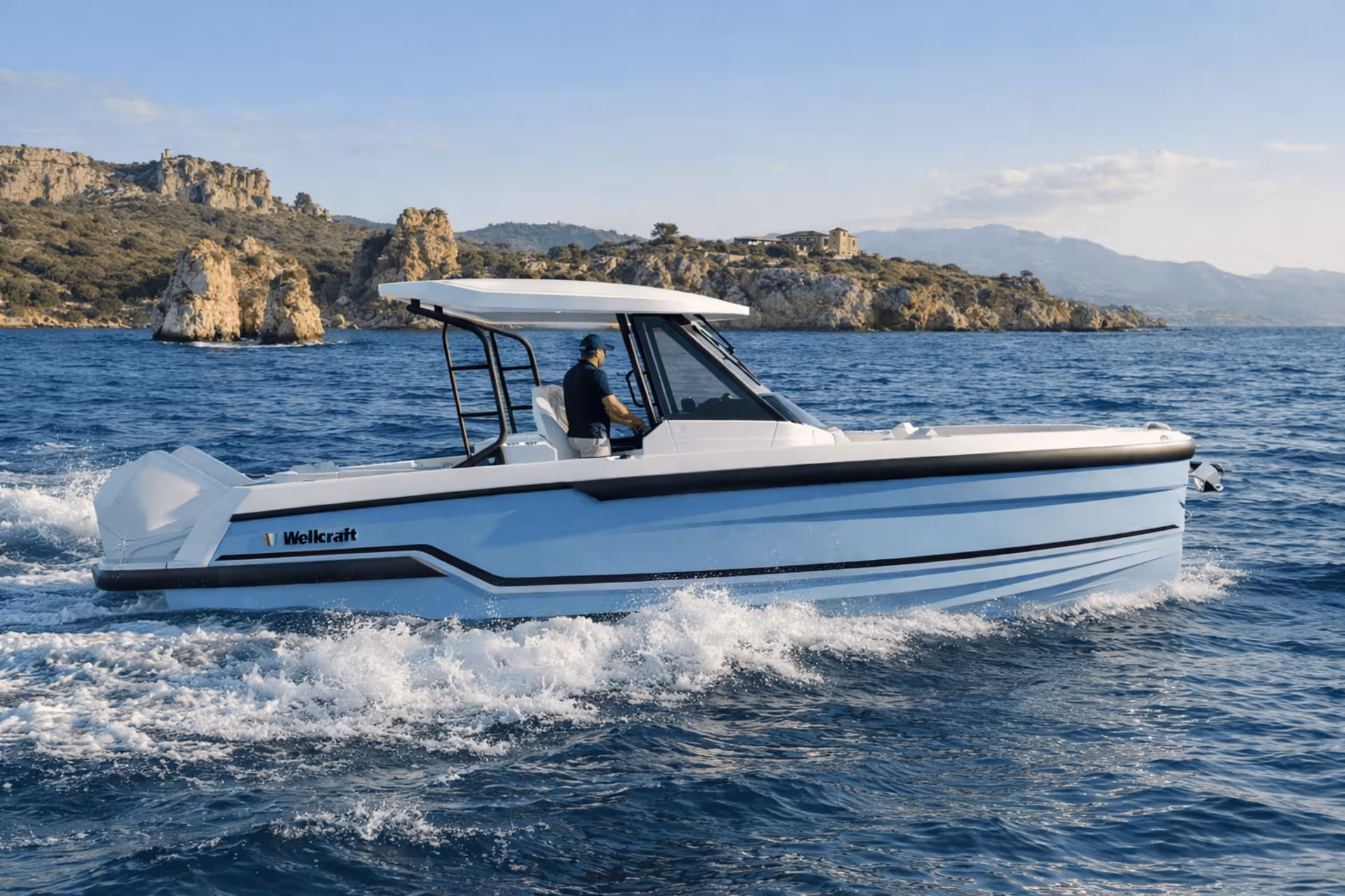 Vaartlander_Wellcraft28T-Top-33 Wellcraft 28 T-Top varend langs kustlijn met moderne uitstraling en T-top
