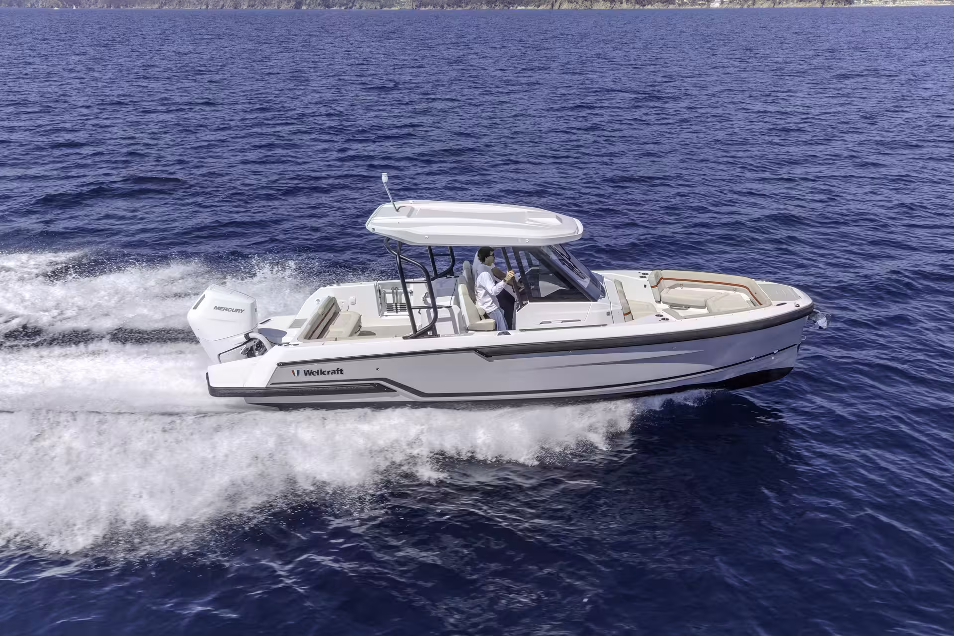 Vaartlander_Wellcraft28T-Top-5 Wellcraft 28 T-Top op snelheid met opspattend water en stabiele ligging