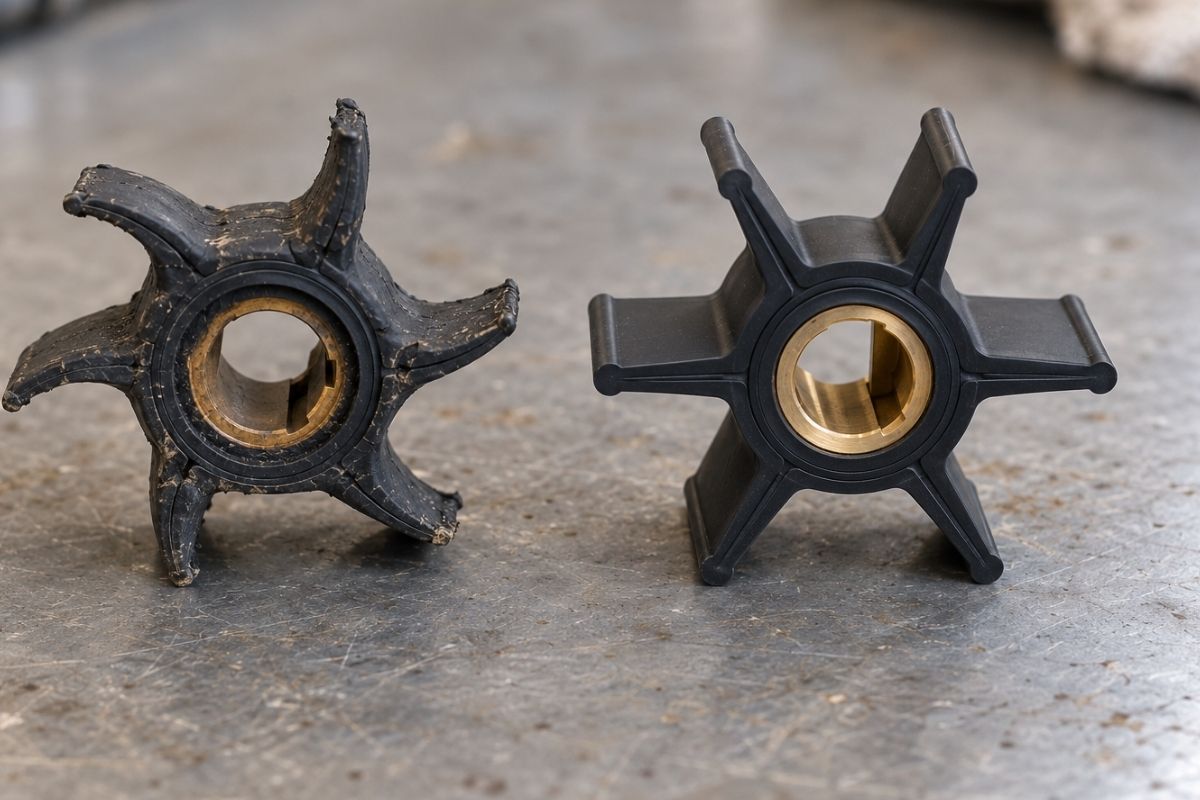 Versleten en nieuwe impeller van een buitenboordmotor naast elkaar